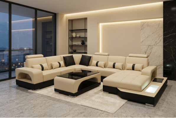 Canapé en cuir Design de siège de sofa moderne + Table Canapés d'angle Salon paysager