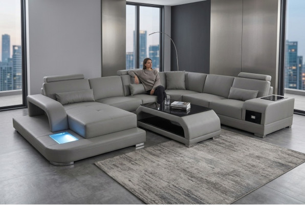 Canapé d'angle en cuir avec siège rembourré en forme de U de suite moderne