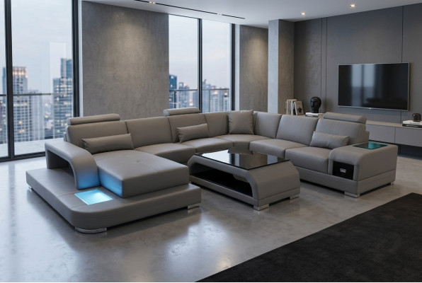 Canapé en cuir Salon paysage Suite Design Moderne Canapé d'angle Canapé en U U-forme G8013+Table