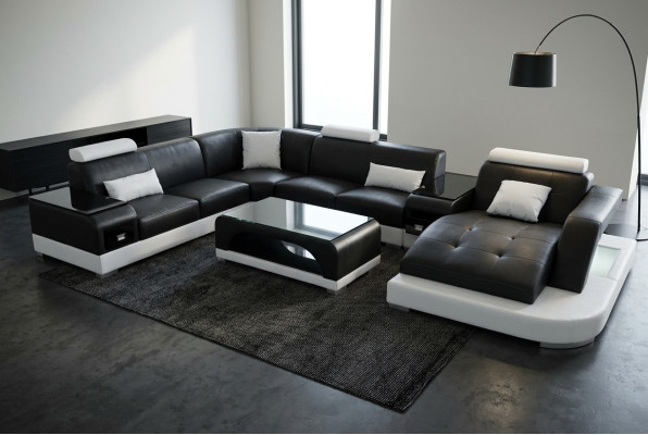Canapé en cuir Design de canapé de siège moderne Coin de canapé + Table de paysage vivant