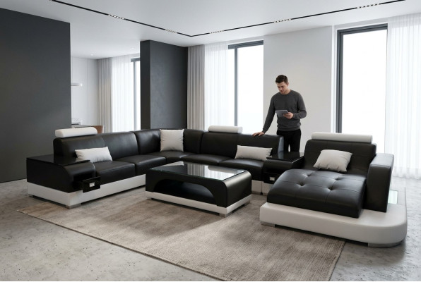 Canapé d'angle en cuir Coin Salon Canapé paysage Suite Design Moderne Canapé Canapés en forme de U G8009