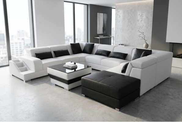 Canapé d'angle en cuir de design moderne Salon en cuir en forme de U G8008 + nouveau tabouret