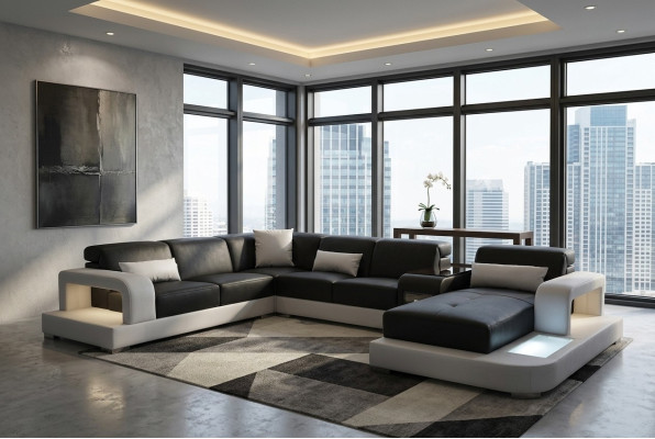 Canapé d'angle en cuir Salon d'angle Suite paysage design canapé moderne Canapés en forme de U G8006