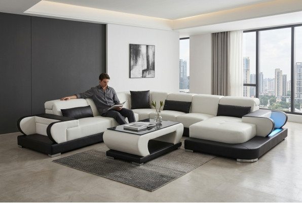 Coin de canapé Canapé d'angle en cuir Salon paysage Suite Design Canapé moderne en forme de U G8002+Table