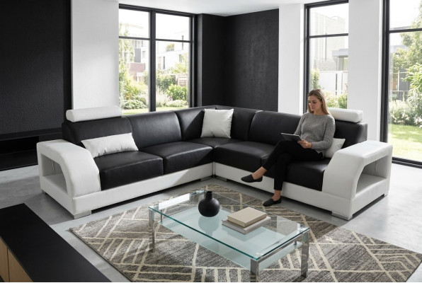 Canapé d'angle XXL en cuir, salon paysager, suite de design moderne, canapé en L en forme de G8001B.