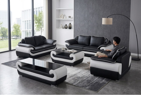Canapé en cuir XXL moderne, canapé à vivre paysage en cuir Suite canapé 3+2+1 D04 + table