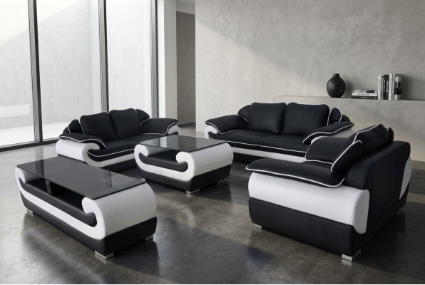 Canapé en cuir XXL moderne, canapé à vivre paysage en cuir Suite canapé 3+2+1 D04 + table