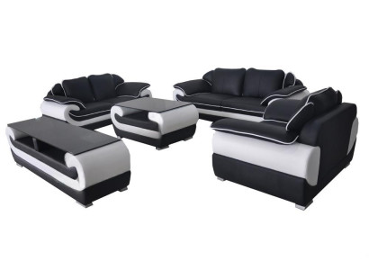 Canapé en cuir XXL moderne, canapé à vivre paysage en cuir Suite canapé 3+2+1 D04 + table