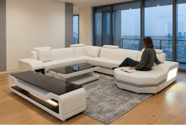 Canapé d'angle en cuir, canapé, suite de siège en tissu, paysage de vie en forme de U, table, nouveau meuble TV