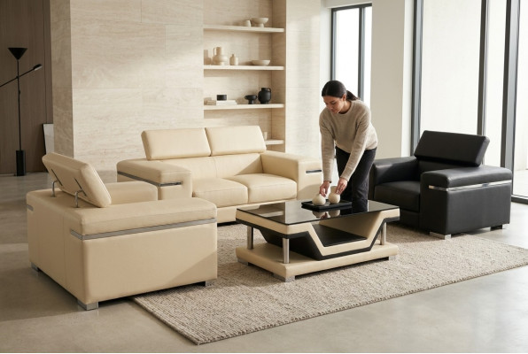 Sofa en cuir, ensemble de canapés neuf 2+1+1, suite de rembourrage de siège de paysage de canapé vivant
