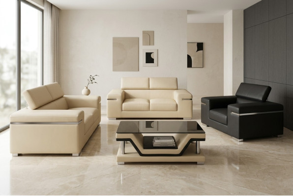 Sofa en cuir, ensemble de canapés neuf 2+1+1, suite de rembourrage de siège de paysage de canapé vivant