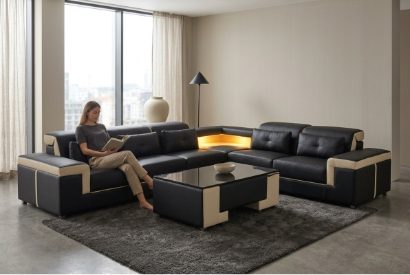 Coin Canapé Moderne en Cuir XXL Canapé Paysage Vivant Canapés Canapés Canapé en Forme de L B2021 Table