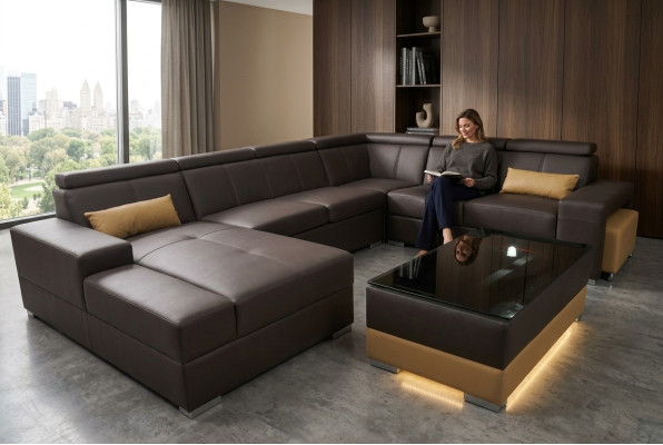 Coin Canapé en cuir moderne XXL Coin de vie Canapé en cuir Sofa Forme de U C4010 Table nouvelle