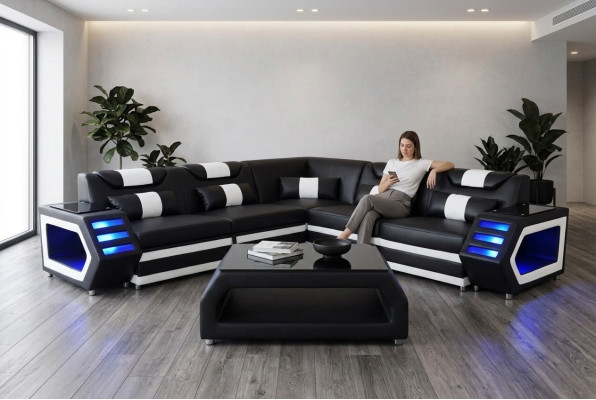 Designer Sofa d'angle rembourré en cuir dans un paysage de pièce rembourrée