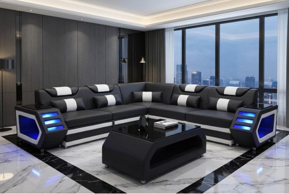 Designer Sofa d'angle rembourré en cuir dans un paysage de pièce rembourrée