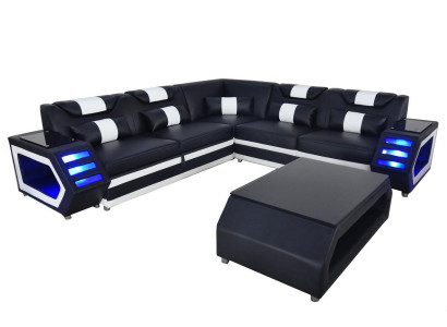 Designer Sofa d'angle rembourré en cuir dans un paysage de pièce rembourrée