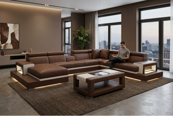 Design Cuir Revêtement Siège Salle Séjour Canapé Coin Designer Suite + Table
