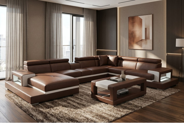 Design Cuir Revêtement Siège Salle Séjour Canapé Coin Designer Suite + Table