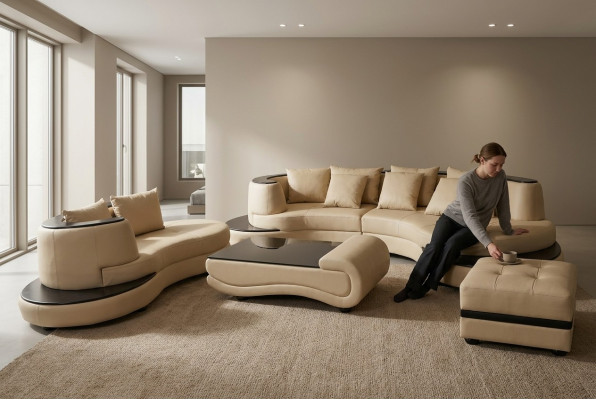 Ensemble de salon en cuir de coin de luxe, revêtement paysage XXL Big Sofa en U + Chaise + Table