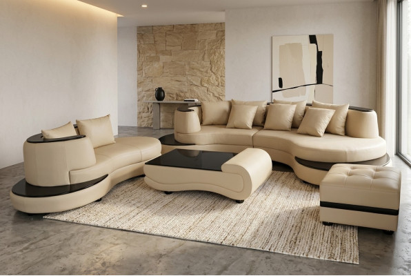 Ensemble de salon en cuir de coin de luxe, revêtement paysage XXL Big Sofa en U + Chaise + Table