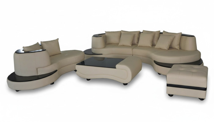 Ensemble de salon en cuir de coin de luxe, revêtement paysage XXL Big Sofa en U + Chaise + Table
