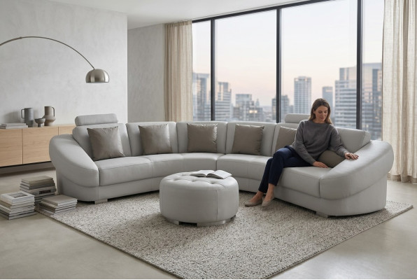 Canapé d’angle en cuir en forme de U arrondi avec surpiqûre XXL + tabouret