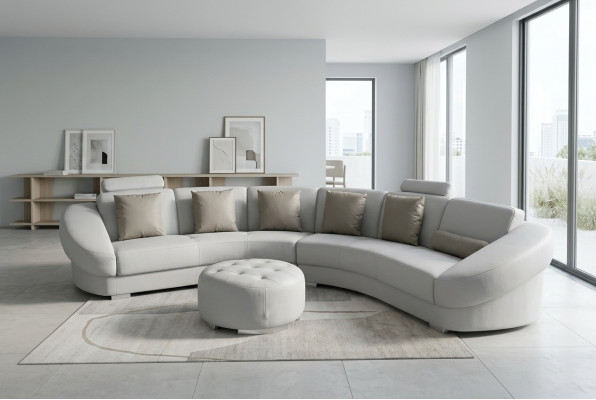 Canapé d’angle en cuir en forme de U arrondi avec surpiqûre XXL + tabouret