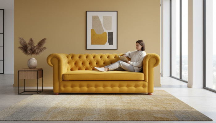 Canapé Chesterfield trois places en velours, fonction canapé convertible en lit.