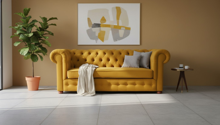 Canapé Chesterfield trois places en velours, fonction canapé convertible en lit.