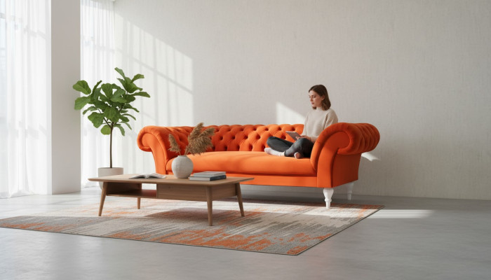 Tissu Design Canapé Tissu Canapés Textile Moderne Canapé Chesterfield 3 Places Orange