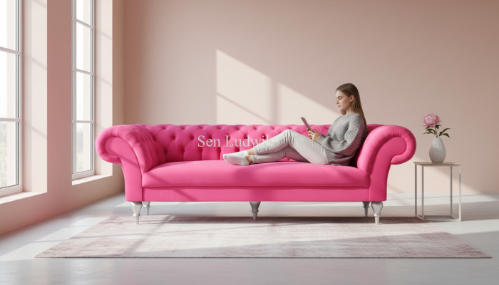 Conception de tissu Canapé Rembourrage Canapés Textile Canapé Moderne Chesterfield 3 Places Rose