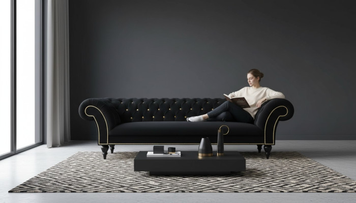 Conception de tissu de tapisserie de canapé moderne en textile Chesterfield 3 places noir