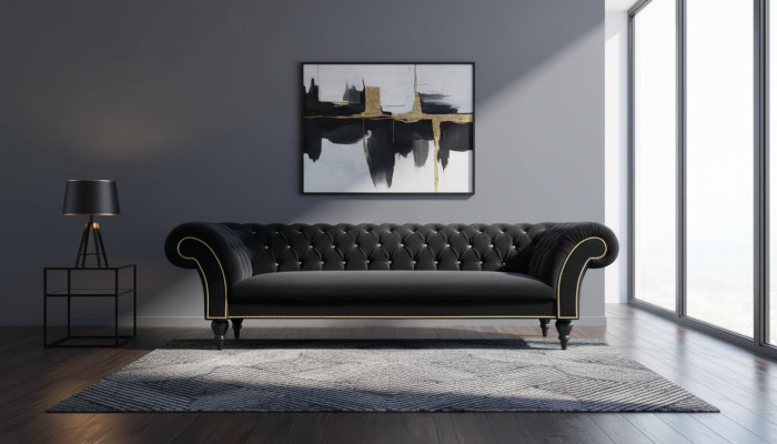Conception de tissu de tapisserie de canapé moderne en textile Chesterfield 3 places noir