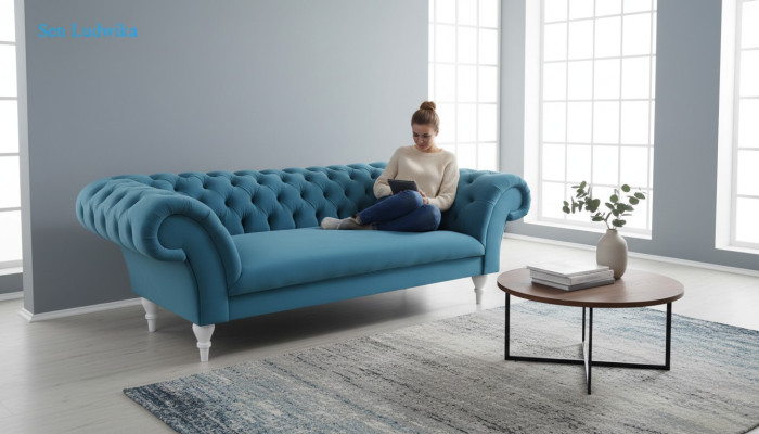 Textile 3 places Canapé en tissu bleu sofas de design canapé rembourré canapé moderne Chesterfield