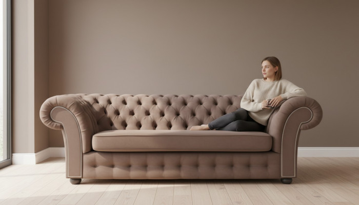 Canapé 3 places en tissu Design Canapé Tapisserie Canapés Textile Chesterfield Moderne Beige