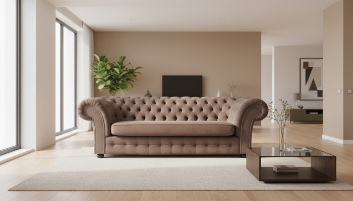 Canapé 3 places en tissu Design Canapé Tapisserie Canapés Textile Chesterfield Moderne Beige