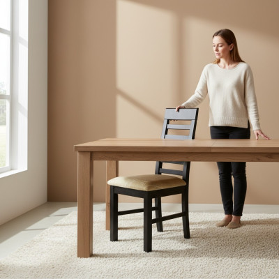 Ensemble de 4 chaises de salle à manger en bois par un designer avec revêtement en textile.