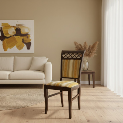 Ensemble de 6 chaises de fauteuil design en bois et tissu pour salle à manger gastronomique.