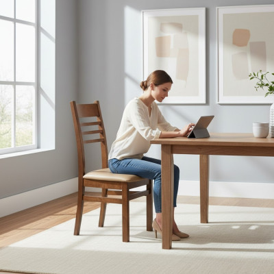 Ensemble de 4 fauteuils design en bois avec revêtement en cuir pour la salle à manger ou la restauration.