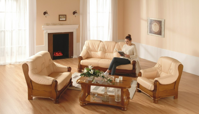 Ensemble de canapé classique en bois 3+1 complet avec revêtement de siège.