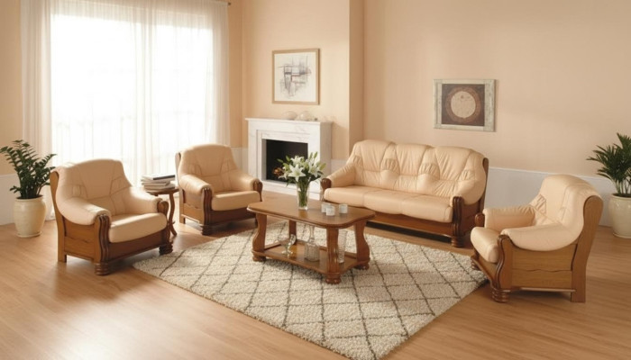 Ensemble de canapé classique en bois 3+1 complet avec revêtement de siège.
