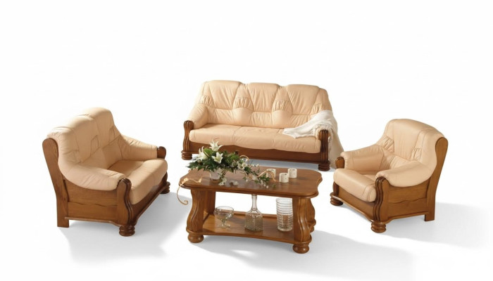 Ensemble de canapé classique en bois 3+1 complet avec revêtement de siège.