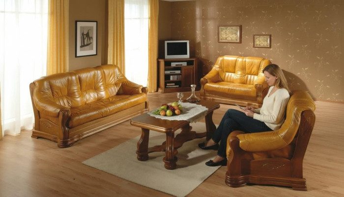 Salle de séjour Ensemble de meubles en cuir en bois 3+2+1 Canapé Canapé Siège rembourré