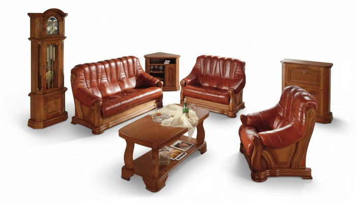 Style antique Canapé en cuir Canapé Set 3 +1 +1 Siège en cuir Italien Revêtement