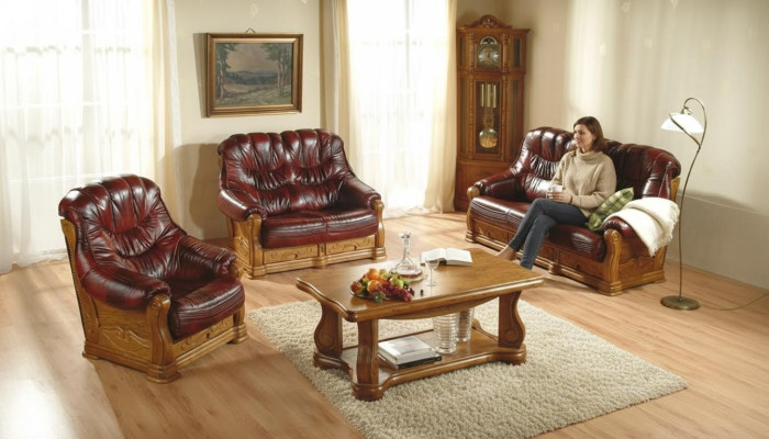 Ensemble de canapé classique Canapé rembourré en cuir véritable à 100% Bois 3+1