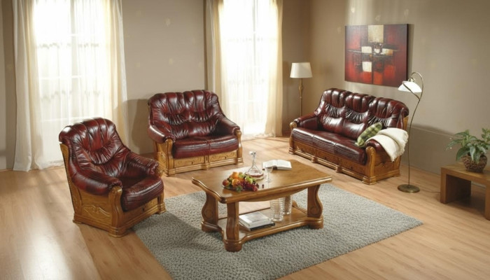 Ensemble de canapé classique Canapé rembourré en cuir véritable à 100% Bois 3+1