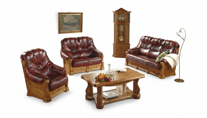 Ensemble de canapé classique Canapé rembourré en cuir véritable à 100% Bois 3+1
