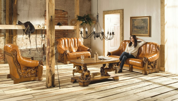 Ensemble de canapé classique en cuir rembourré en bois 3 + 2 + 2 suite