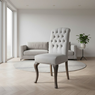 Canapé Chesterfield gris avec 6 fauteuils, pieds en bois design, ensemble luxueux de 6