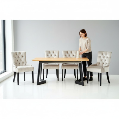 Table à manger en bois brun avec cadre en métal x6 Chaises Chesterfield de designer ensemble de 7 pièces luxueux.